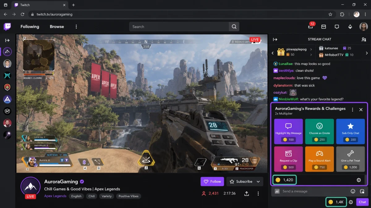 баланс баллов канала и список наград в чате Twitch