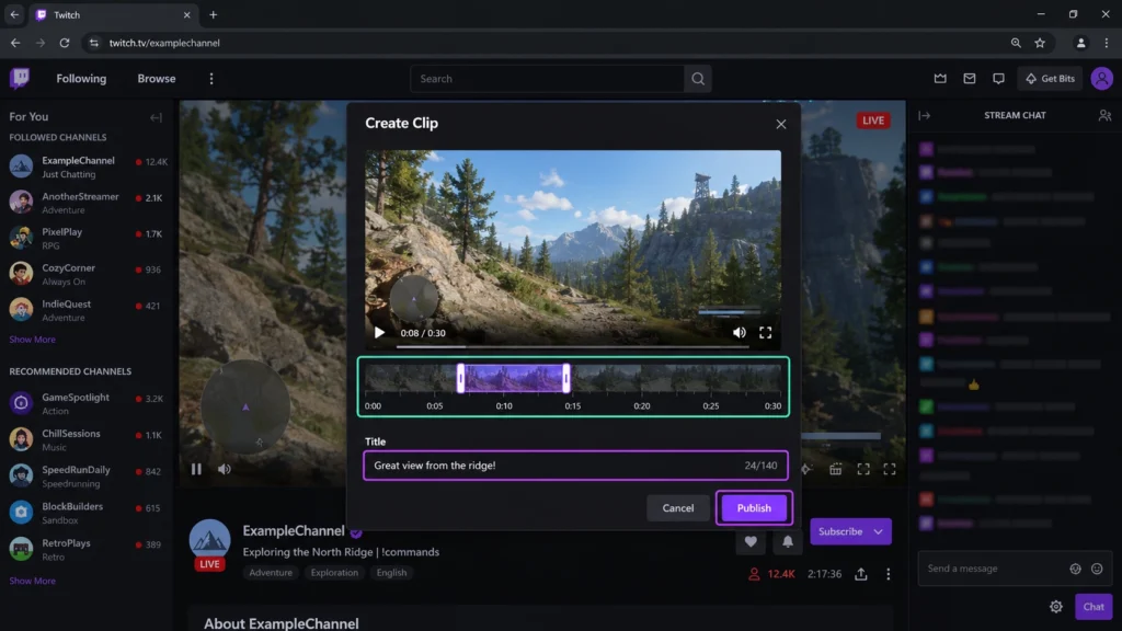 Редактор Twitch Clip Creator с выбором длительности клипа