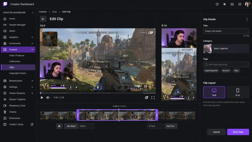 Горизонтальная и вертикальная версии одного клипа в Twitch Clip Editor