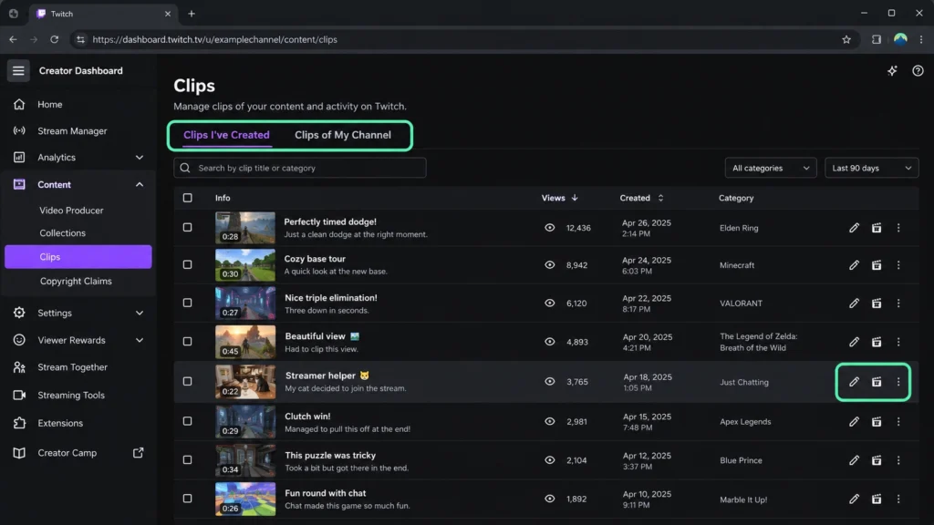 Twitch Clips Manager со списком созданных клипов и клипов канала