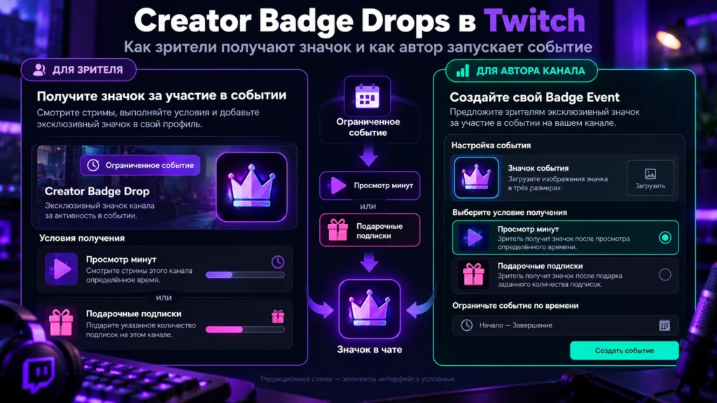 Creator Badge Drops в Twitch для зрителя и автора канала