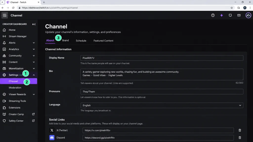 раздел Channel в Creator Dashboard Twitch