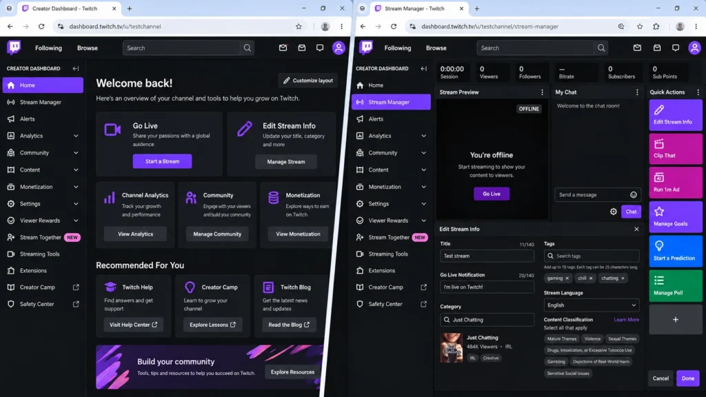 Creator Dashboard Twitch на компьютере