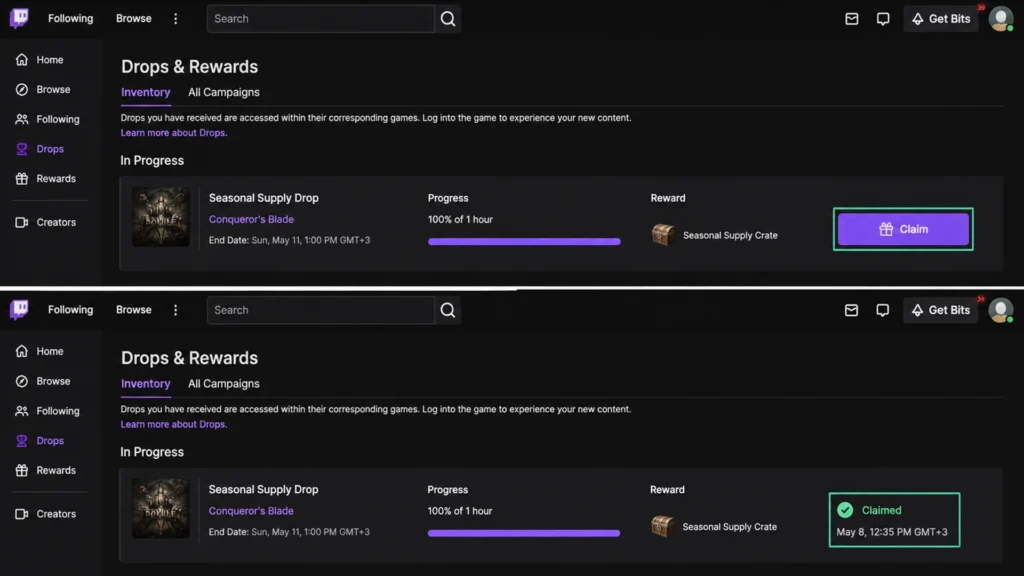 кнопка Claim и статус Claimed в Twitch Drops Inventory.