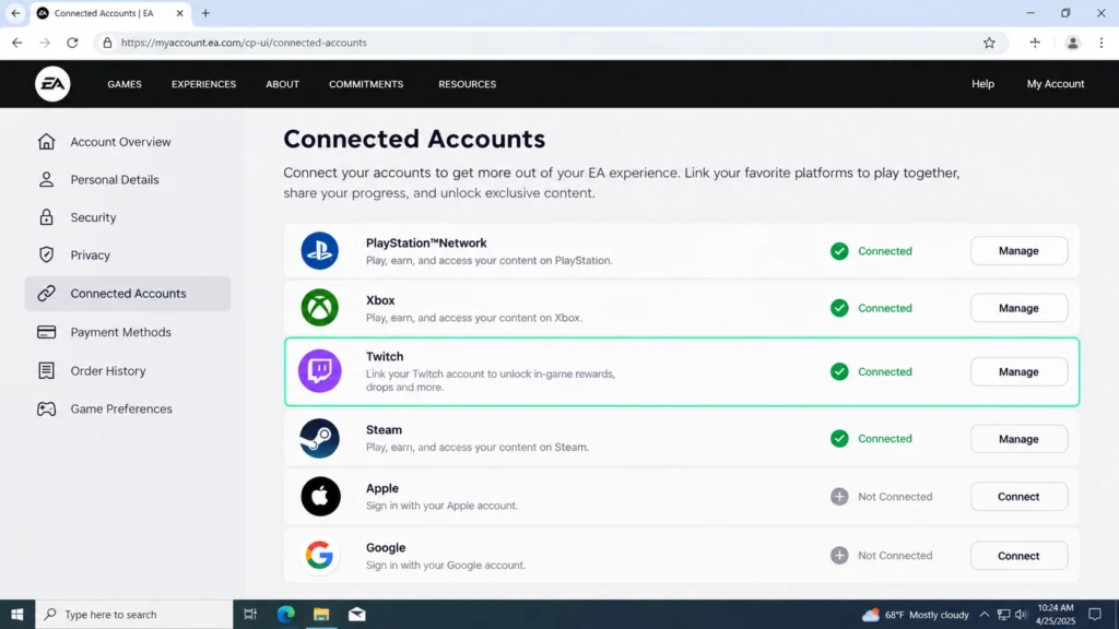 Статус Connected на странице связанных аккаунтов издателя после привязки Twitch