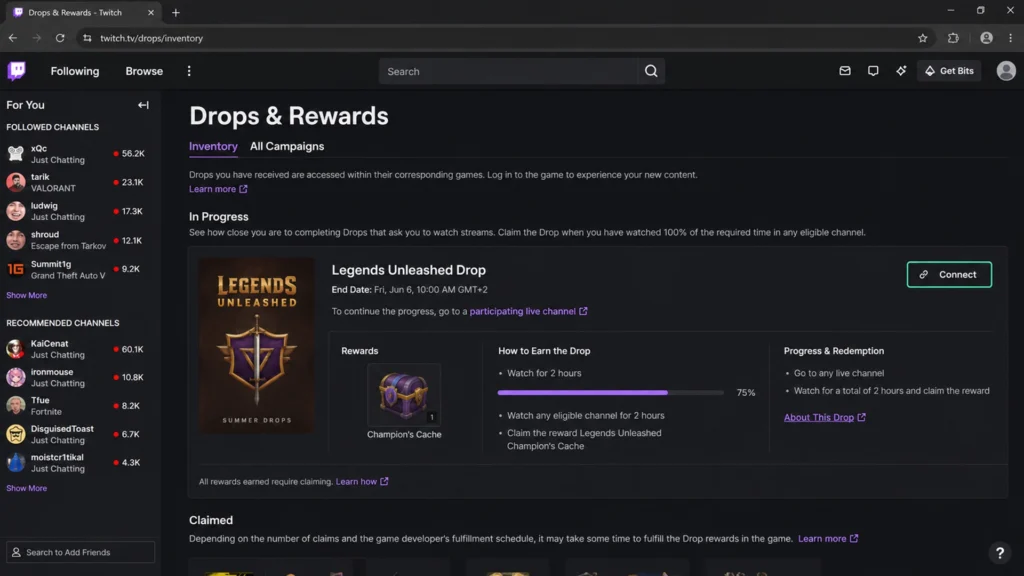 Активная кампания Twitch Drops с условиями получения награды