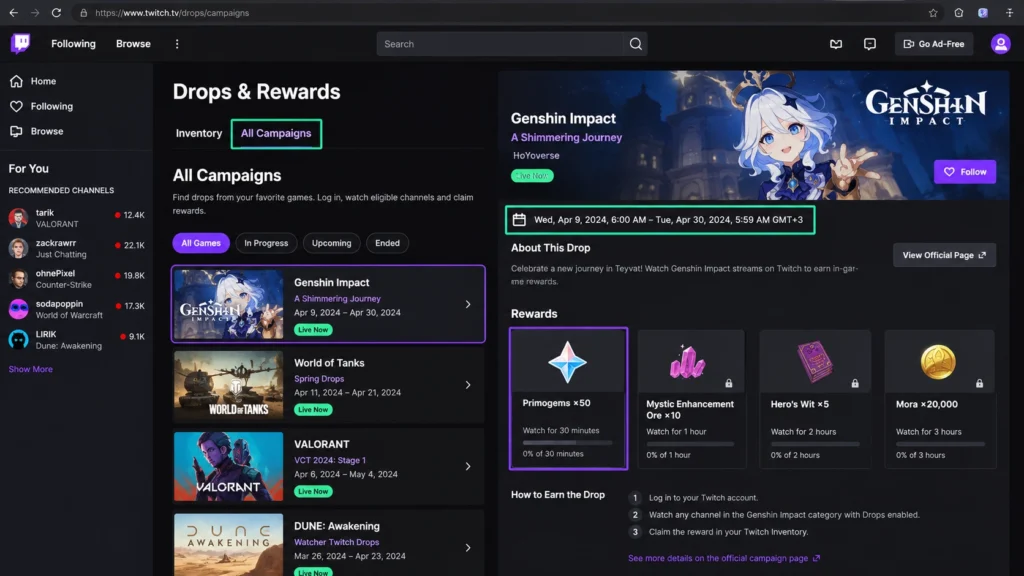 карточка кампании Twitch Drops с датами и условиями получения наград