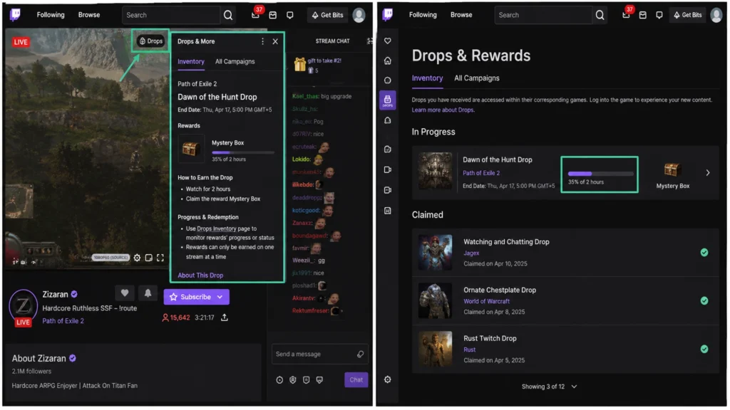 панель Drops & More и прогресс награды в Twitch Drops Inventory.
