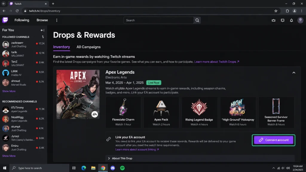 Кнопка Connect account в Twitch Drops Inventory для кампании с привязкой аккаунта