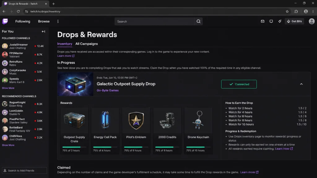 Подключённый игровой аккаунт в Twitch Drops со статусом Connected