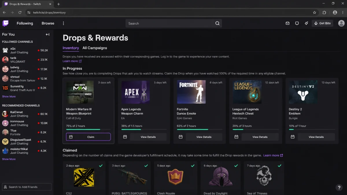 инвентарь Twitch Drops с прогрессом и кнопкой получения награды.