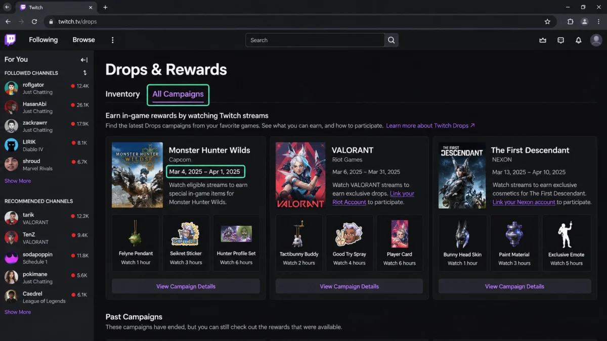 страница Twitch Drops с активными кампаниями и сроками их проведения