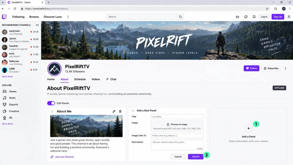 редактирование информационных панелей Twitch канала