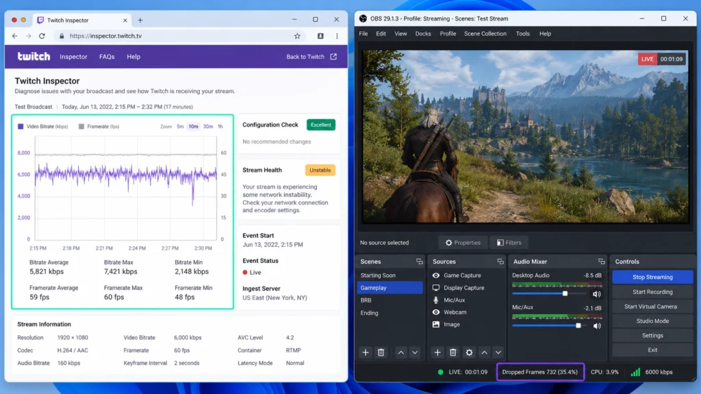 Twitch Inspector и dropped frames в OBS при проблеме трансляции