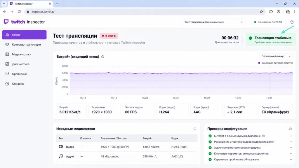 Проверка стабильности тестового стрима в Twitch Inspector