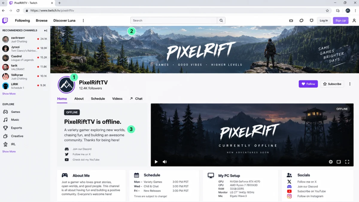 оформленный Twitch канал с аватаром, баннером и информационными панелями