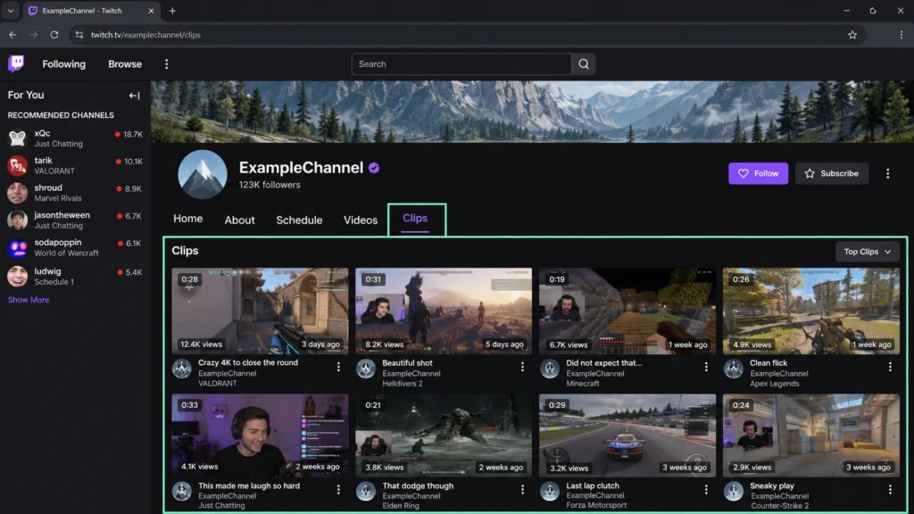 Раздел Clips на странице канала Twitch с подборкой опубликованных клипов