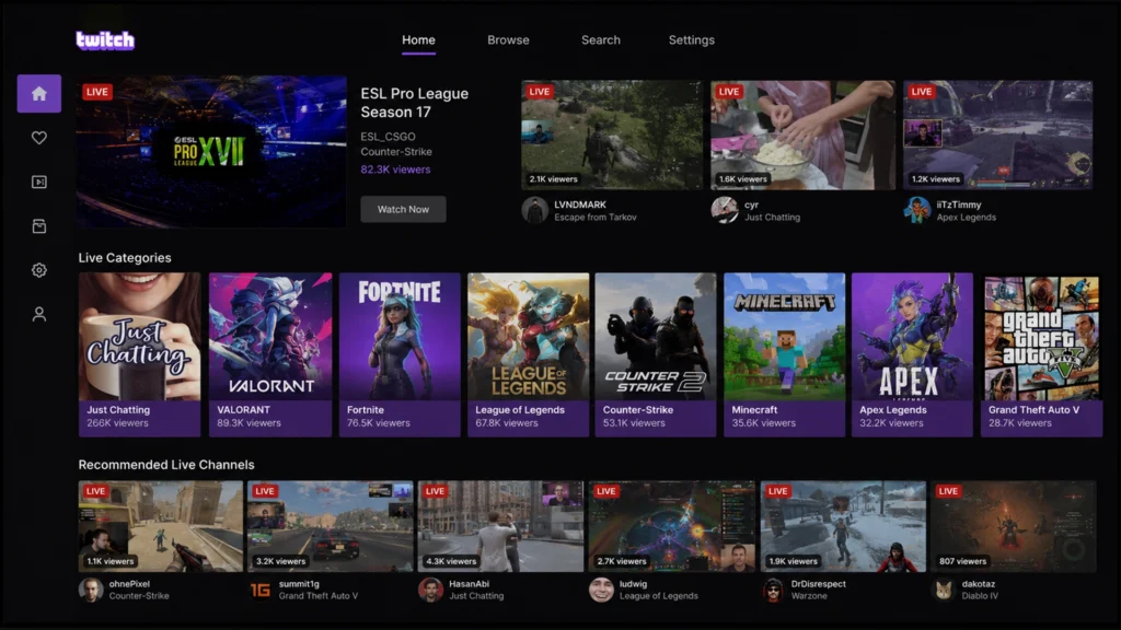Интерфейс приложения Twitch на телевизоре LG Smart TV