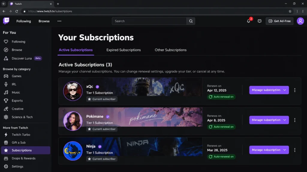 Страница активных подписок Twitch с настройками автопродления