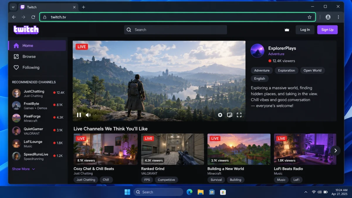Twitch открыт на компьютере в современном веб-браузере