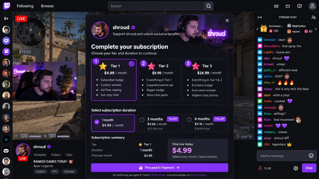 Выбор срока и цены подписки Twitch перед оплатой