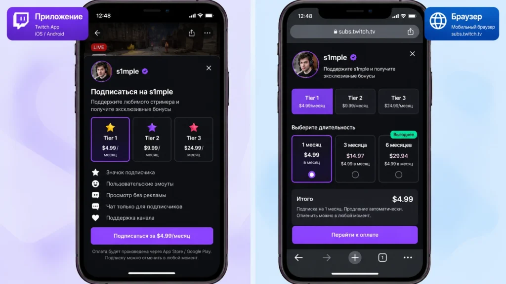 Оформление подписки Twitch через приложение и мобильный браузер