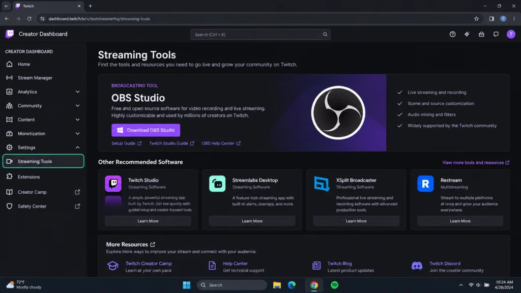 Инструменты для запуска трансляции Twitch в Creator Dashboard