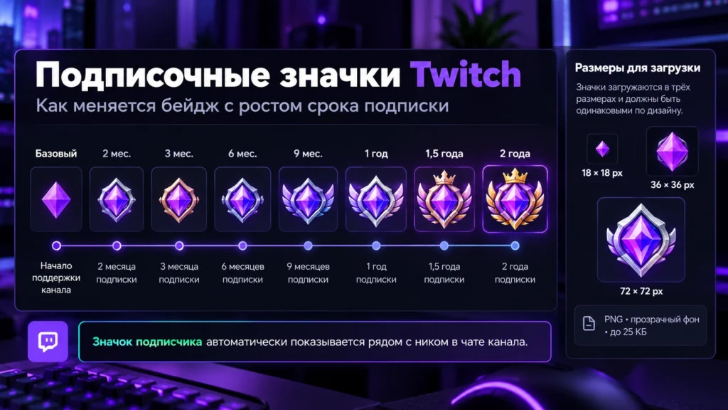 Подписочные значки Twitch для разных сроков подписки