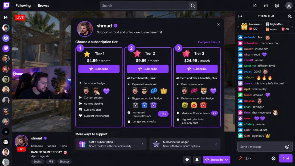 Выбор Tier 1, Tier 2 и Tier 3 при подписке на Twitch