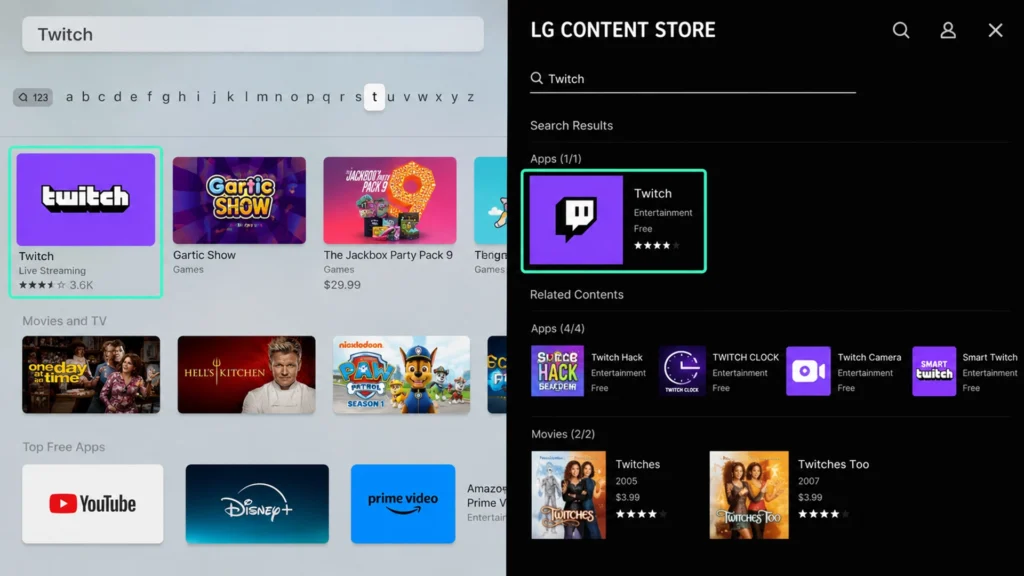 Поиск официального приложения Twitch в магазинах приложений Apple TV и LG Smart TV