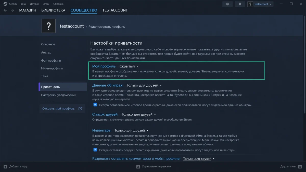 Настройка закрытого профиля Steam во вкладке приватности