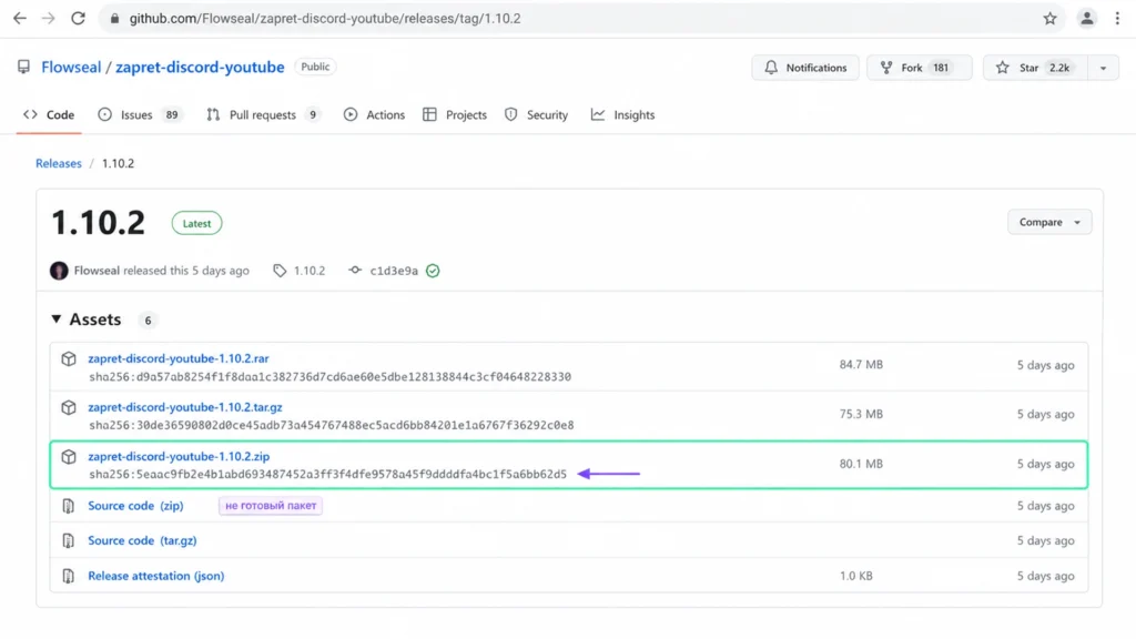готовый ZIP-архив Zapret для Discord и SHA-256 на странице GitHub Releases.