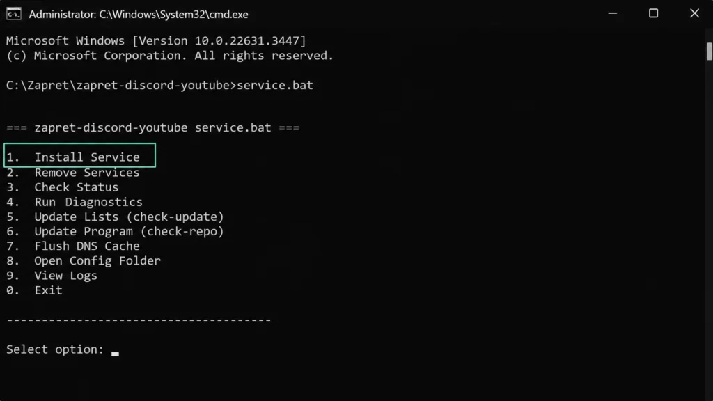 Меню service.bat с пунктами установки и проверки службы Zapret в Windows.
