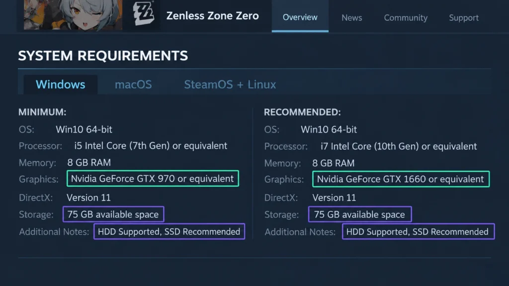 Минимальные и рекомендуемые требования Zenless Zone Zero в Steam
