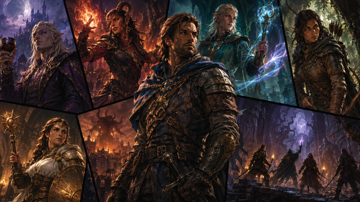 Серия игр Baldur’s Gate — коллаж фэнтезийных героев, магов и воинов