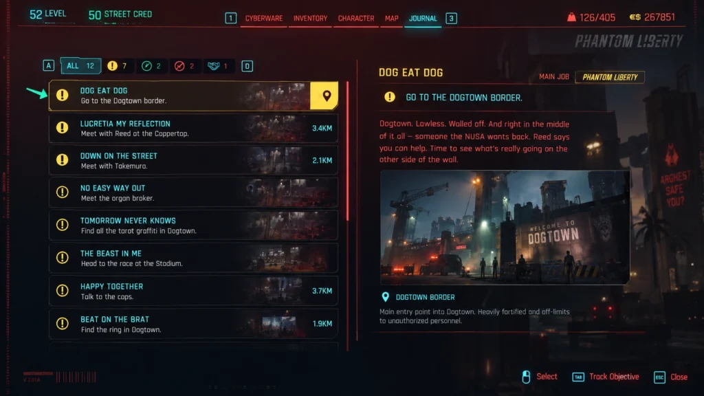 Задания Phantom Liberty в журнале Cyberpunk 2077.