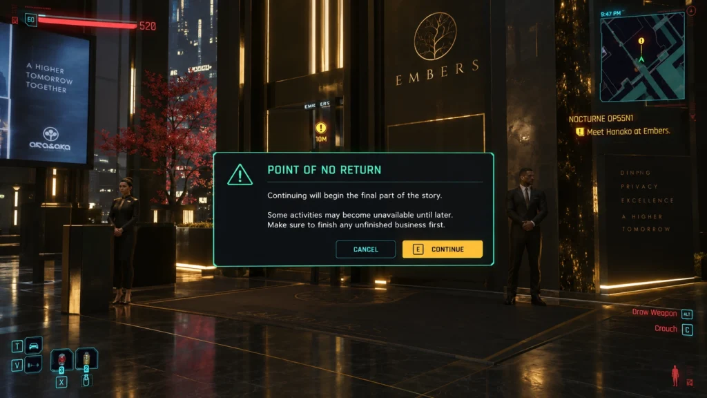 Предупреждение о точке невозврата перед финальным заданием Cyberpunk 2077.