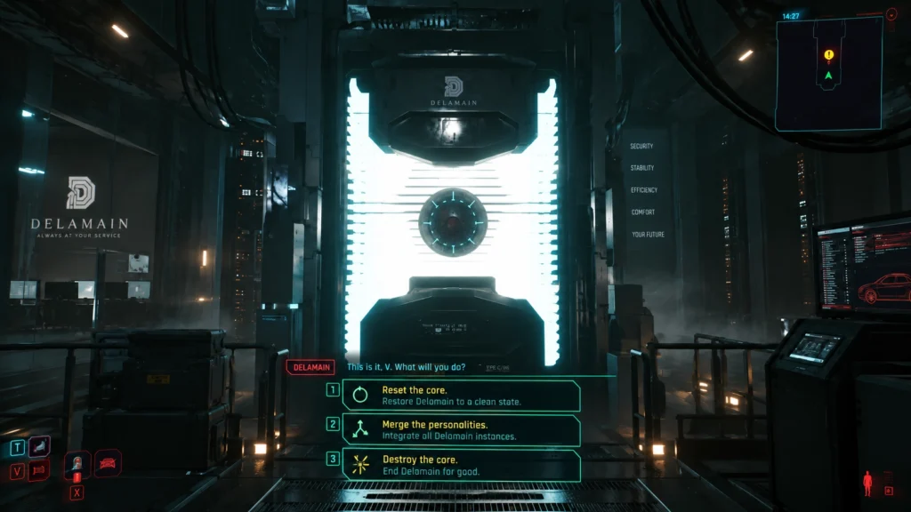 Варианты выбора у ядра Деламейна в задании «Реанимация» Cyberpunk 2077.