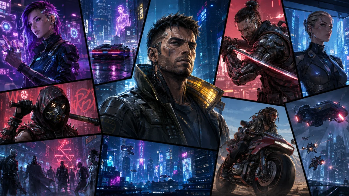 Серия игр Cyberpunk — коллаж киберпанк-героев, мегаполиса и футуристической техники