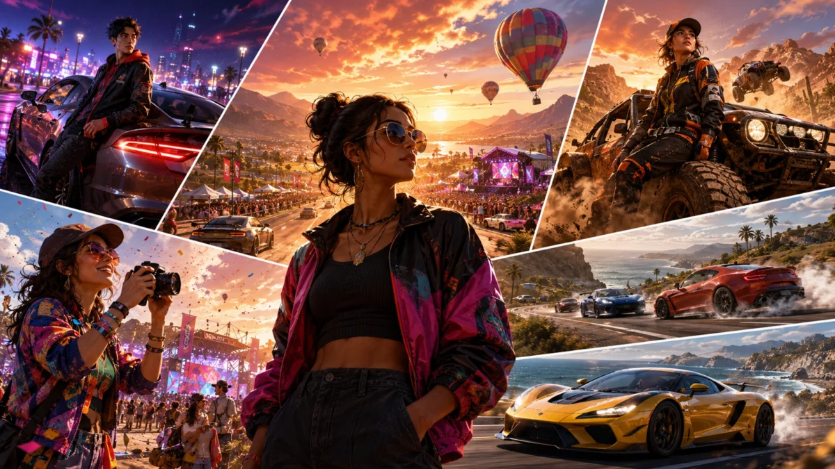 Серия игр Forza Horizon — коллаж автомобилей, фестиваля и гоночных локаций