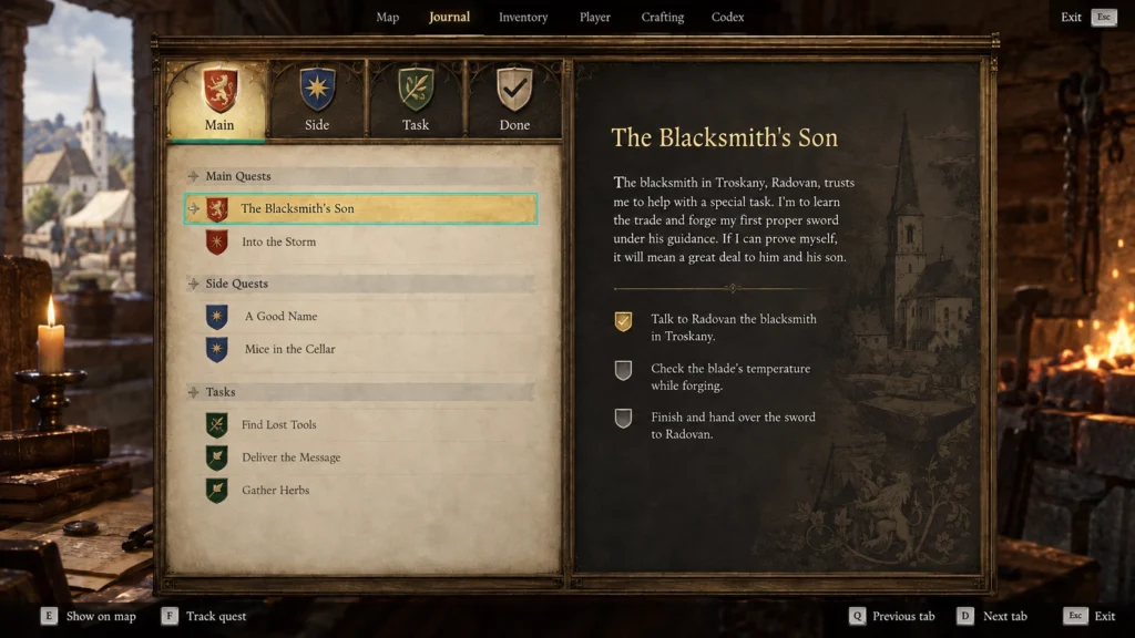 Задание The Blacksmith's Son в журнале Kingdom Come Deliverance 2