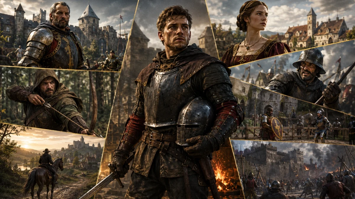 Серия игр Kingdom Come: Deliverance — коллаж средневековых героев, замков и сражений