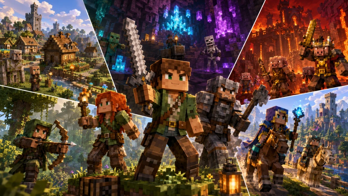 Серия игр Minecraft — коллаж героев, приключений и кубических миров