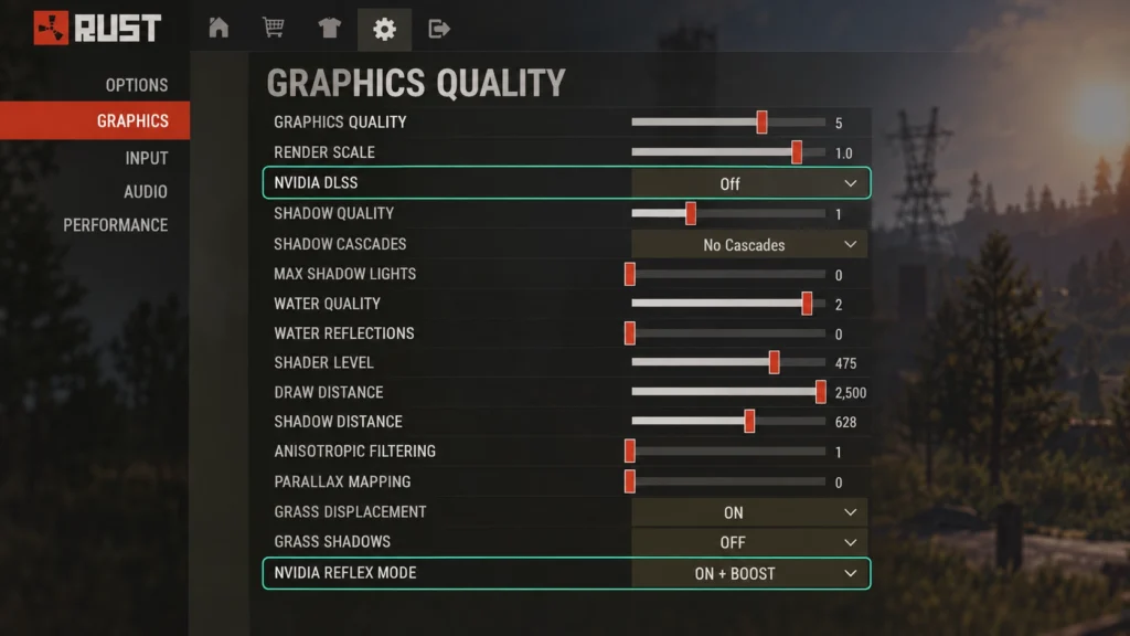 NVIDIA DLSS и Reflex в настройках графики Rust