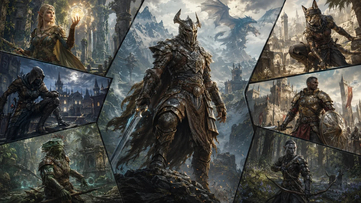 Серия игр The Elder Scrolls — коллаж воинов, магов, эльфов и фэнтезийных земель