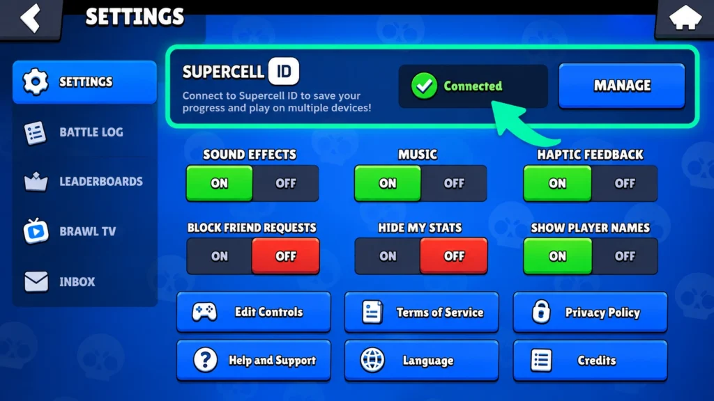 Подключённый Supercell ID в настройках Brawl Stars.