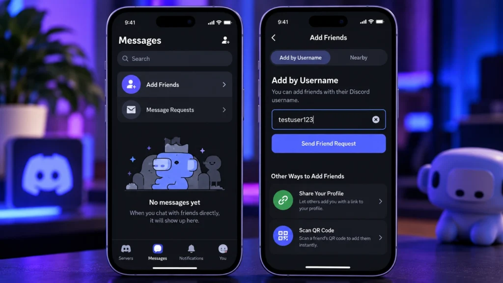 Добавление друга по имени пользователя в мобильном Discord