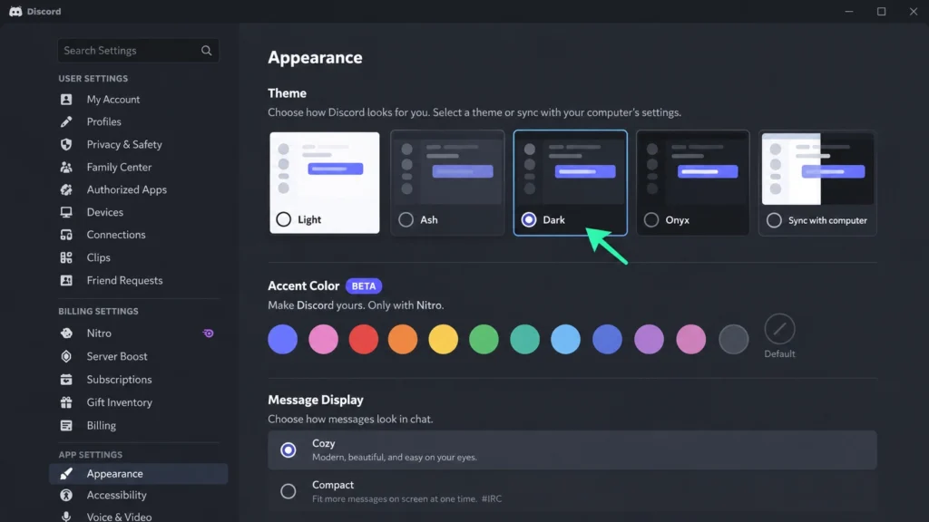 Выбор Light, Ash, Dark и Onyx в настройках Appearance Discord