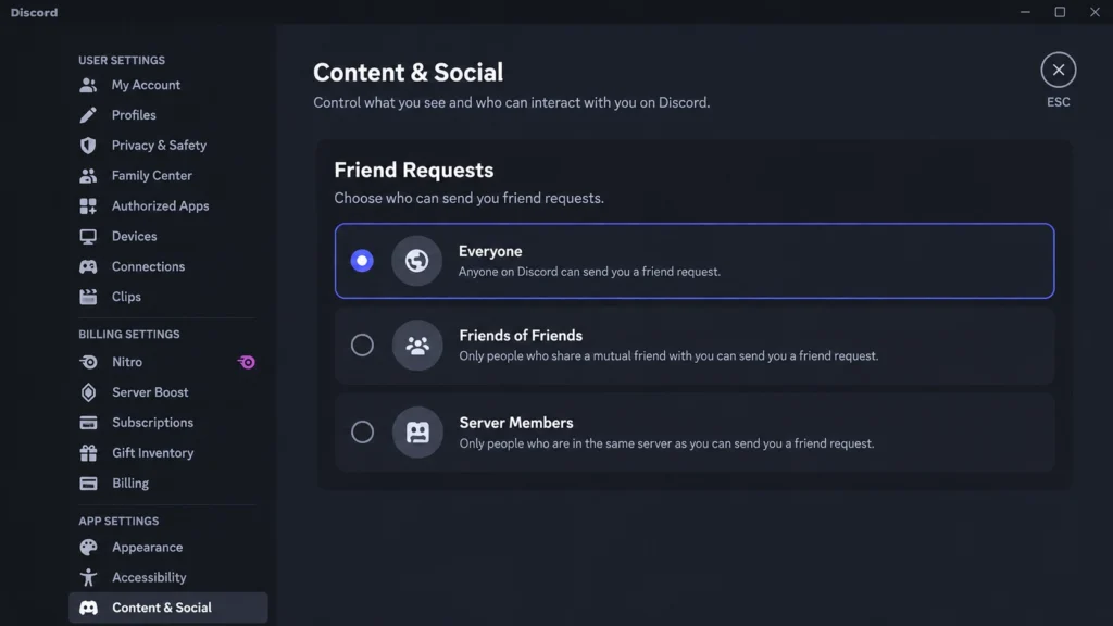 Настройки заявок в друзья Discord