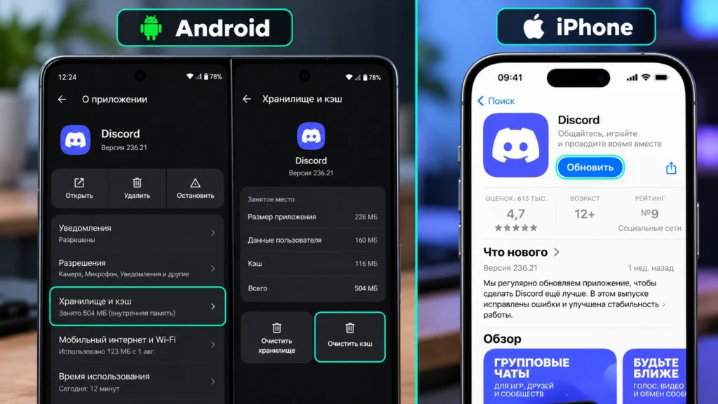 Очистка кэша Discord на Android и переустановка Discord на iPhone